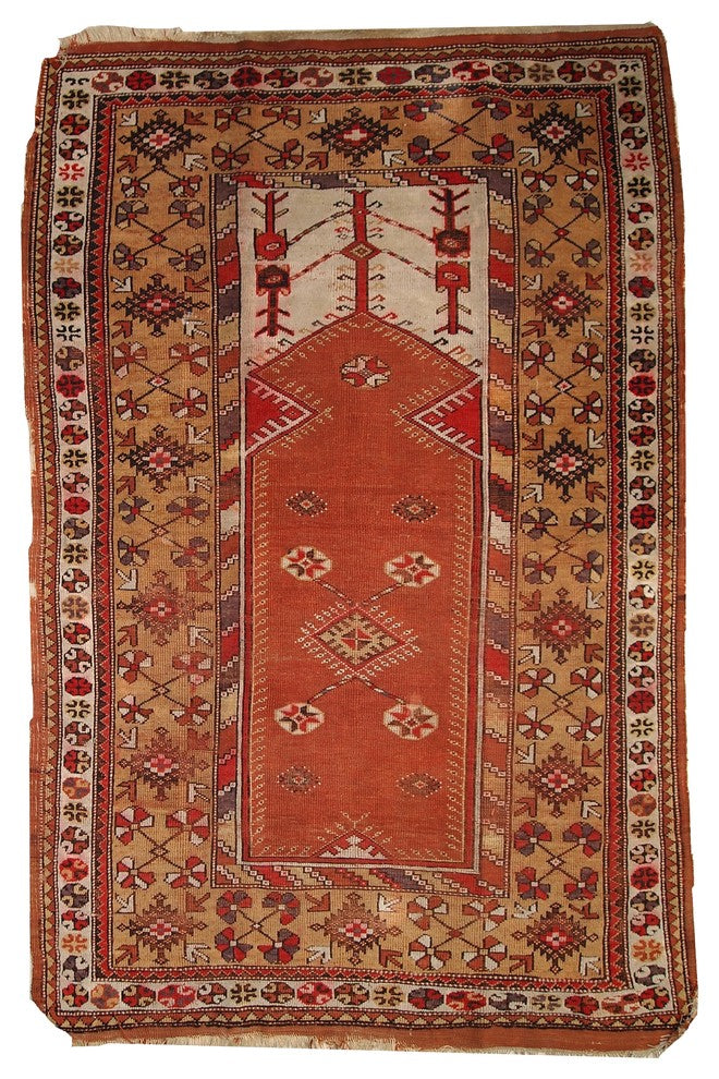 Consigned, Hand Made Antique Prayer Turkish Melas Rug 4'x6.3', 1920