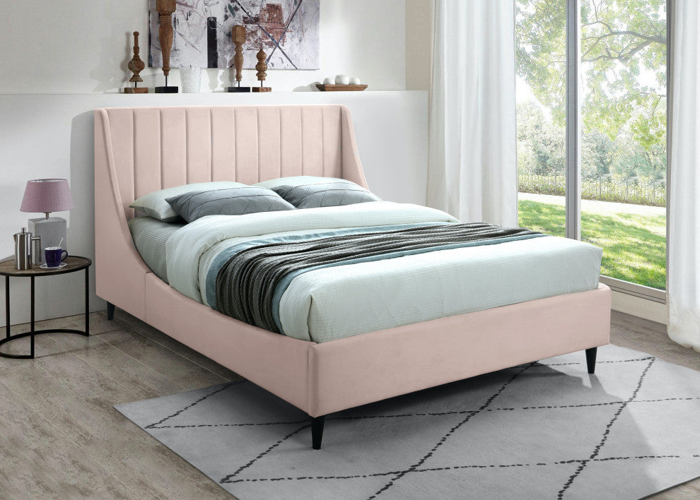 Eva Velvet Upholstered Bed, Pink, Full