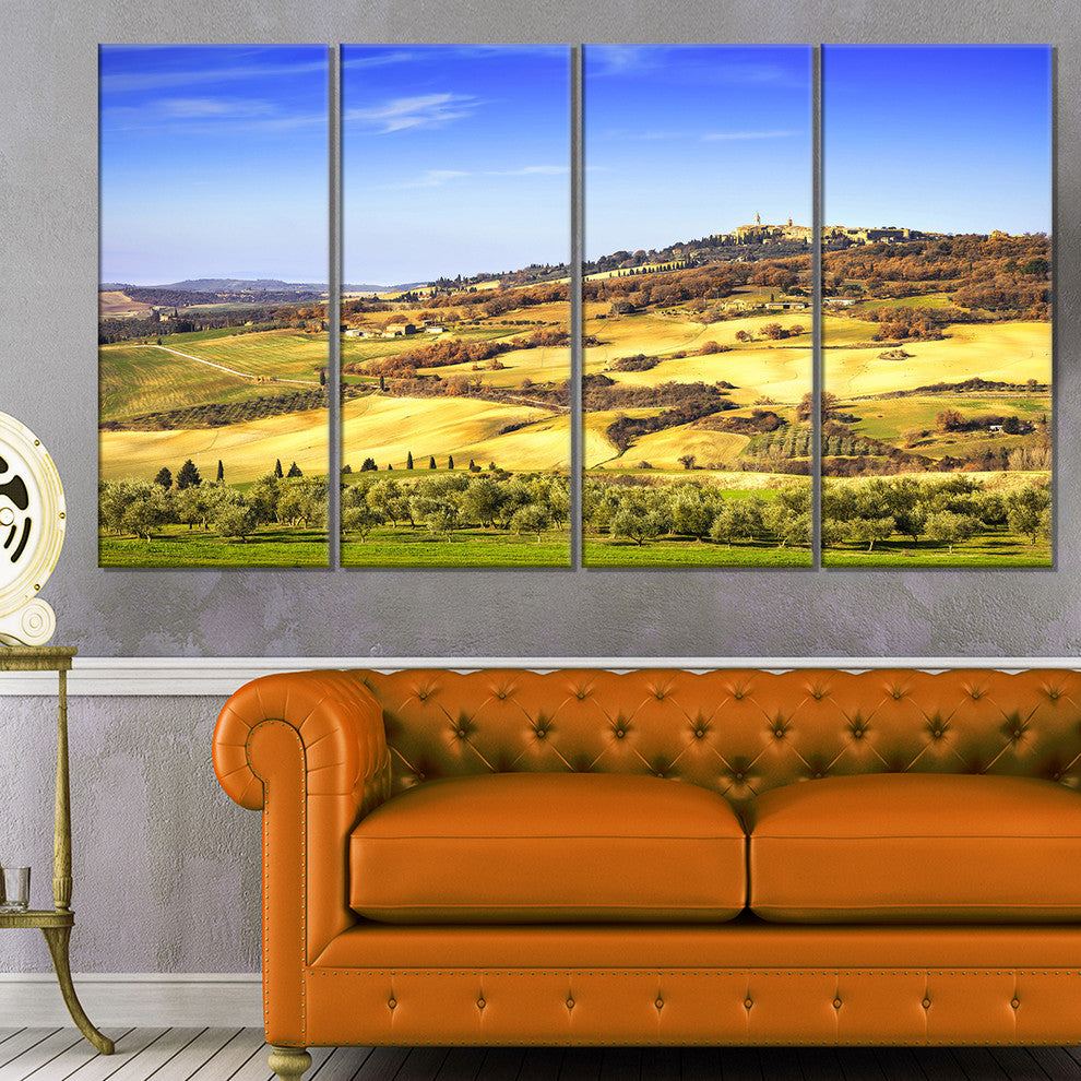 "Pienza Medieval Village Italy" Landscape Wall Art Print, 4 Panels, 48"x28"