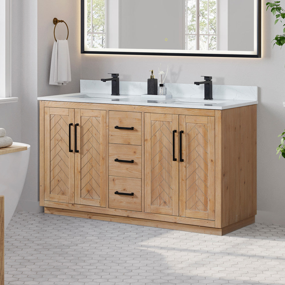 Anais Vanity Grain White Engineered Stone Countertop, Light Brown, 60", No Mirror