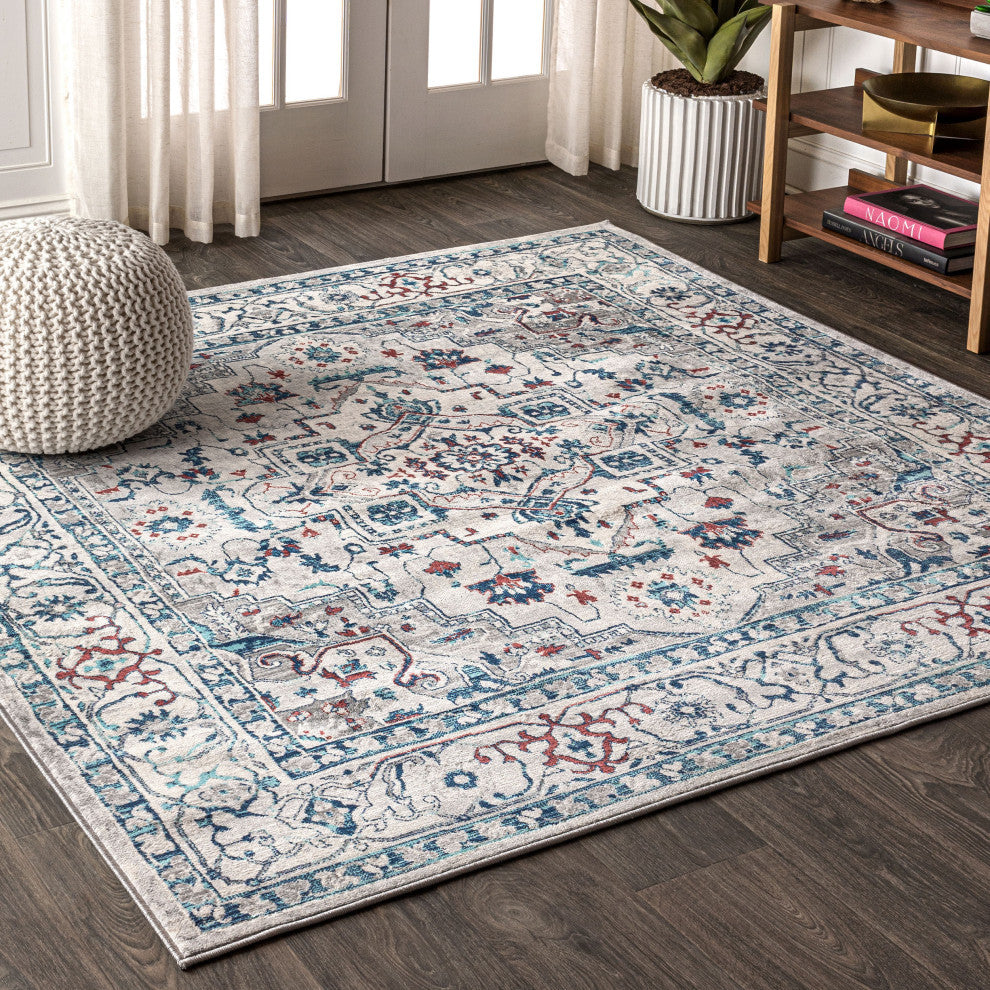 Modern Persian Vintage Medallion Light Grey/Blue 5' Square Area Rug