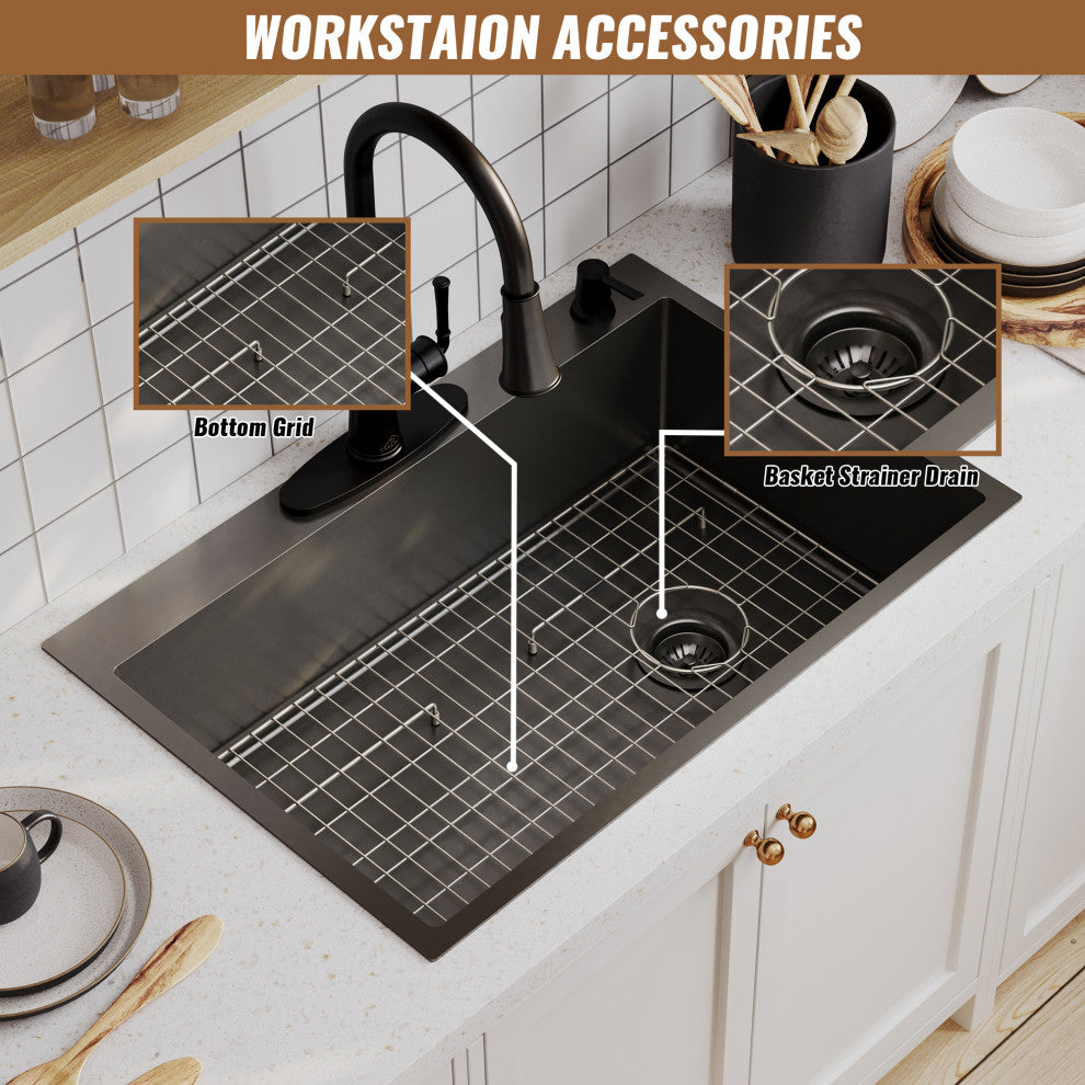 Drop-In Stainless Steel 33-inch 1-Hole Single Bowl Kitchen Sink in Nano PVD