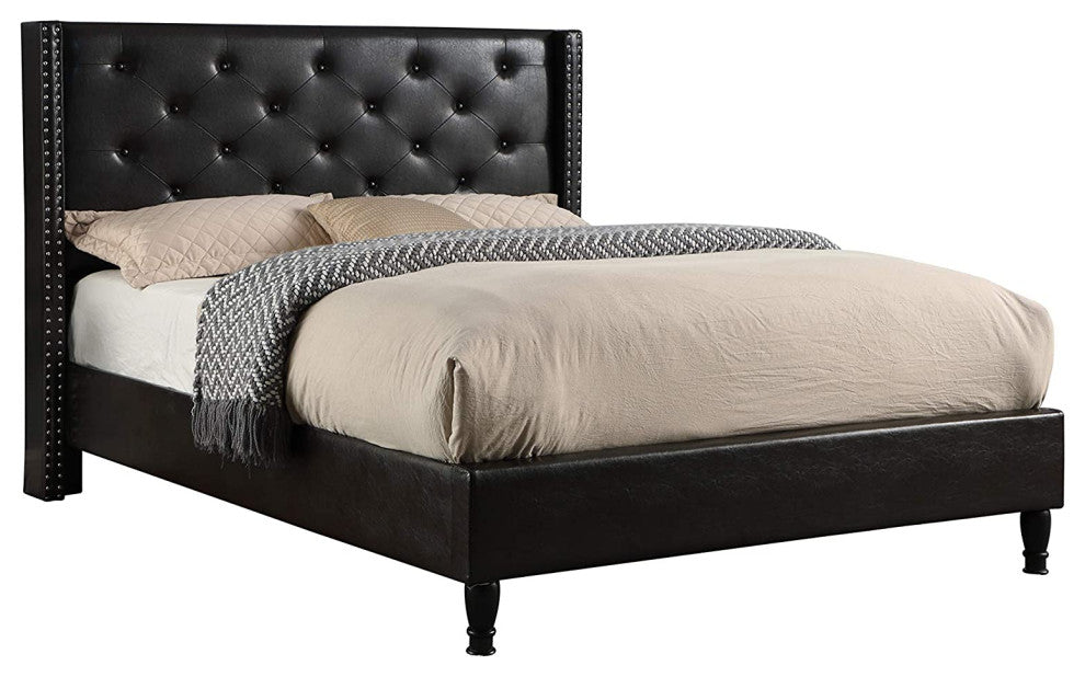 Elegant Platform Bed, Brown Faux Leather Upholstery & Tufted Headboard, Full