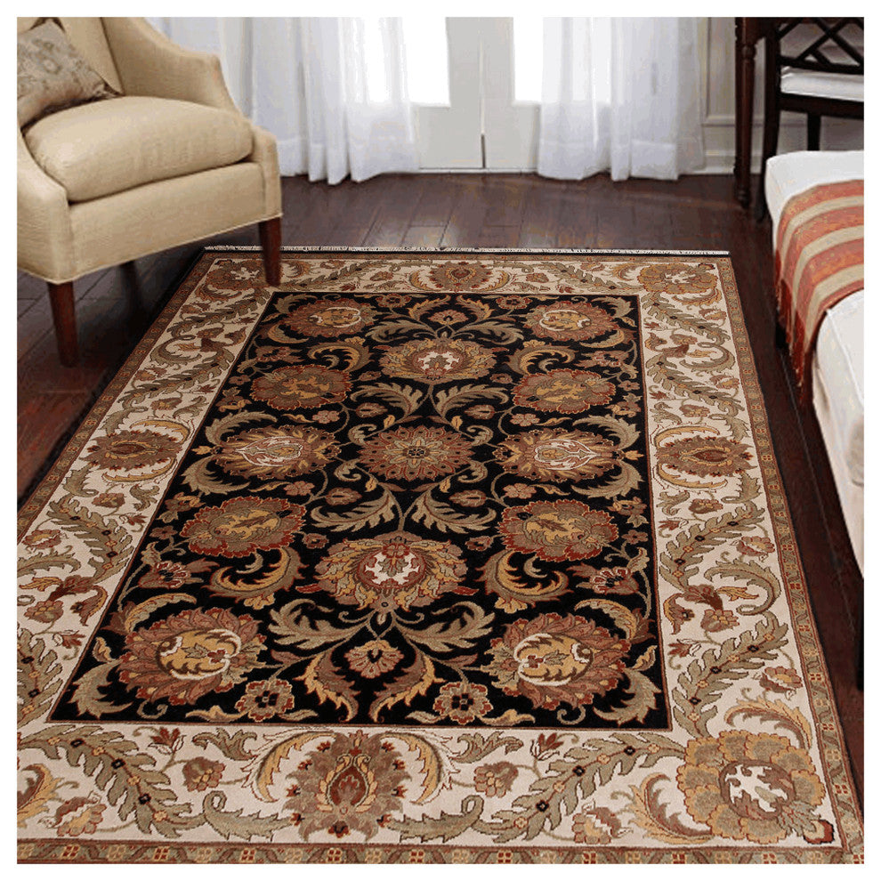 Agra AG-01 Traditional Floral Black Hand Knotted Wool Rug 6'x9'