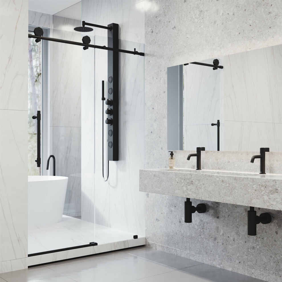 VIGO Elan Hart 56" to 60" W x 76" H Frameless Sliding Shower Door, Matte Black, Clear Glass