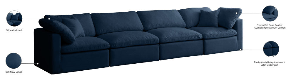 Plush Velvet / Down Standard Comfort Modular Sofa, Navy, 4-Piece: 2 Armless Chair, 2 Corner Chair