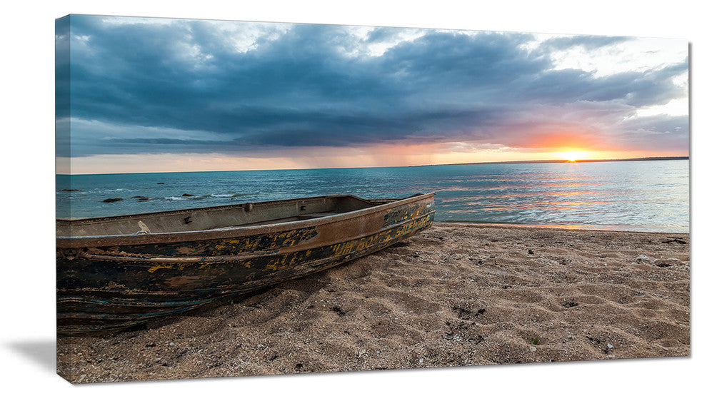 "Rusty Row Boat On Sand At Sunset" Seascape Art Canvas, 1 Panel, 60"x28"