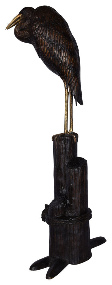 Crane Head Down Standing on A Tree Stump Bronze Statue Size: 23" x 16" x 55"H
