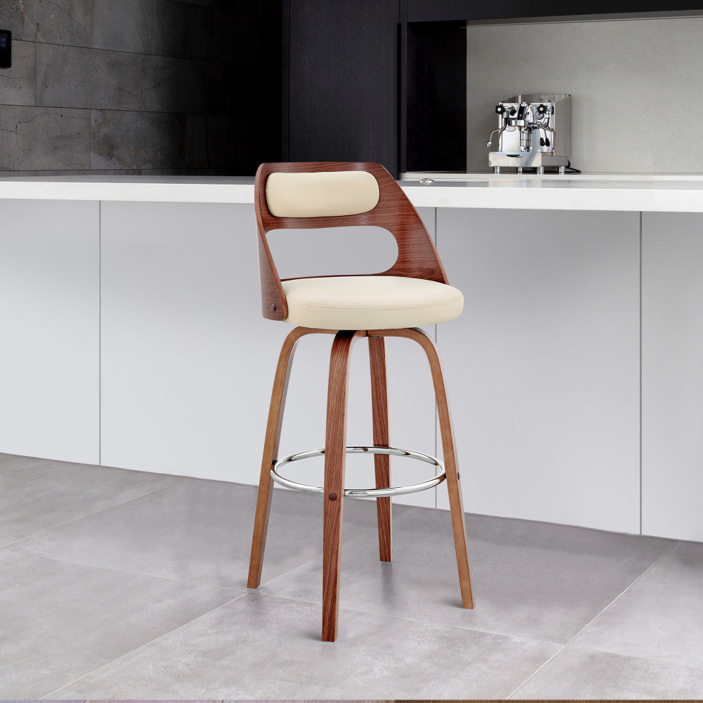 Julius Faux Leather and Wood Bar Stool, Cream and Walnut, 26"