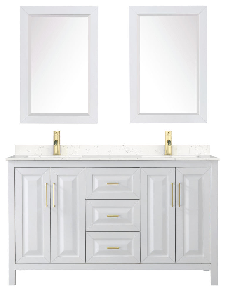 60"DBL Vanity White, Light-Vein Carrara Cult. Top, Sinks, 24"Mirrors, Gold Trim