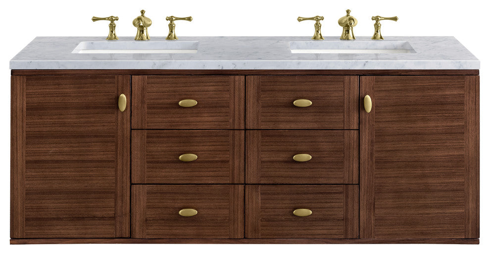 Amberly 30" Single Vanity, Mid-Century Walnut, 60", Carrara Marble, Three-Hole