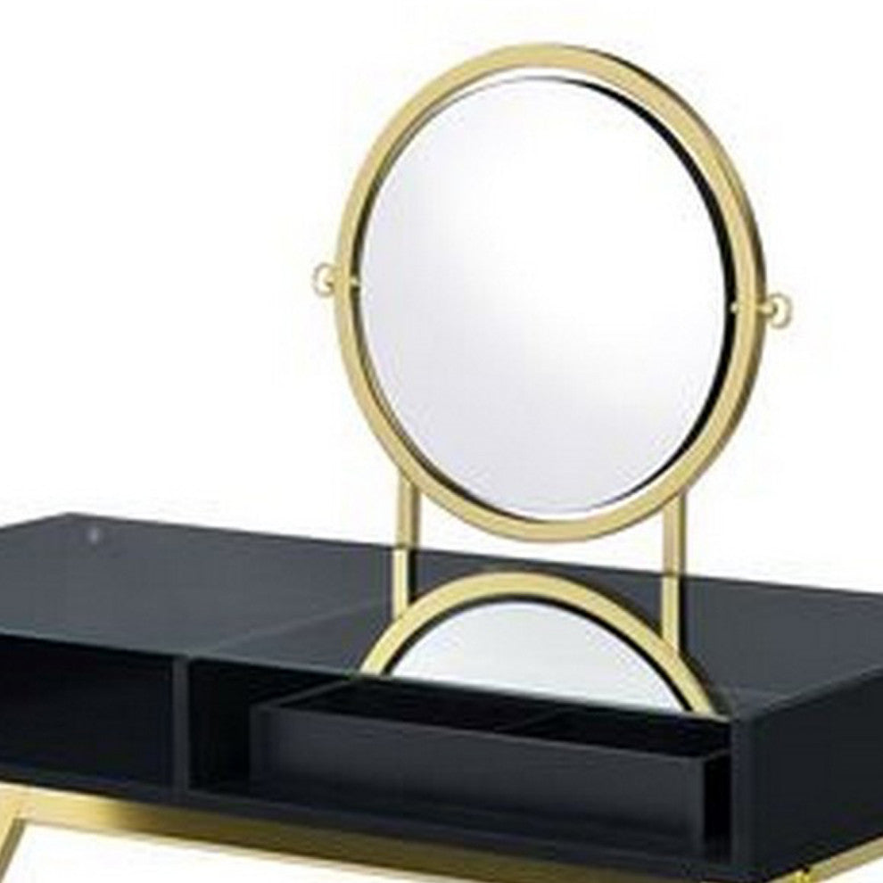 Benzara BM251243 Vanity Desk With Round Mirror & Cross Metal Legs, Black/Gold