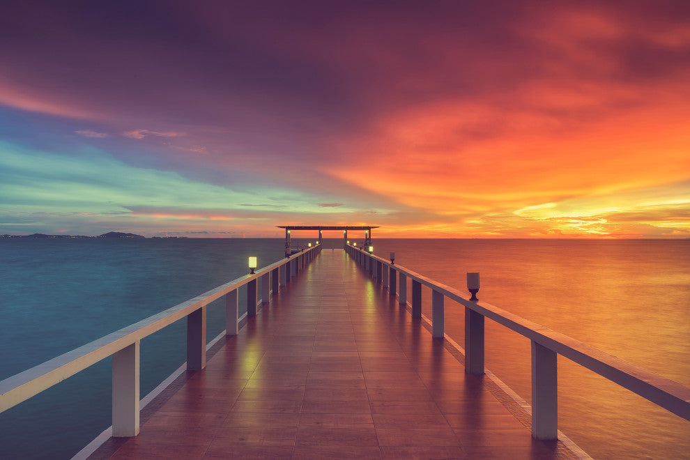 Surreal Wooden Pier At Sunset Intrigued Landscape Photo Canvas Art Print, 18" X 24"