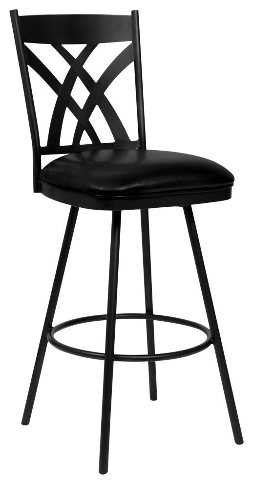 26" Stylish Black Faux Leather Black Metal Lattice Back Swivel Bar Stool