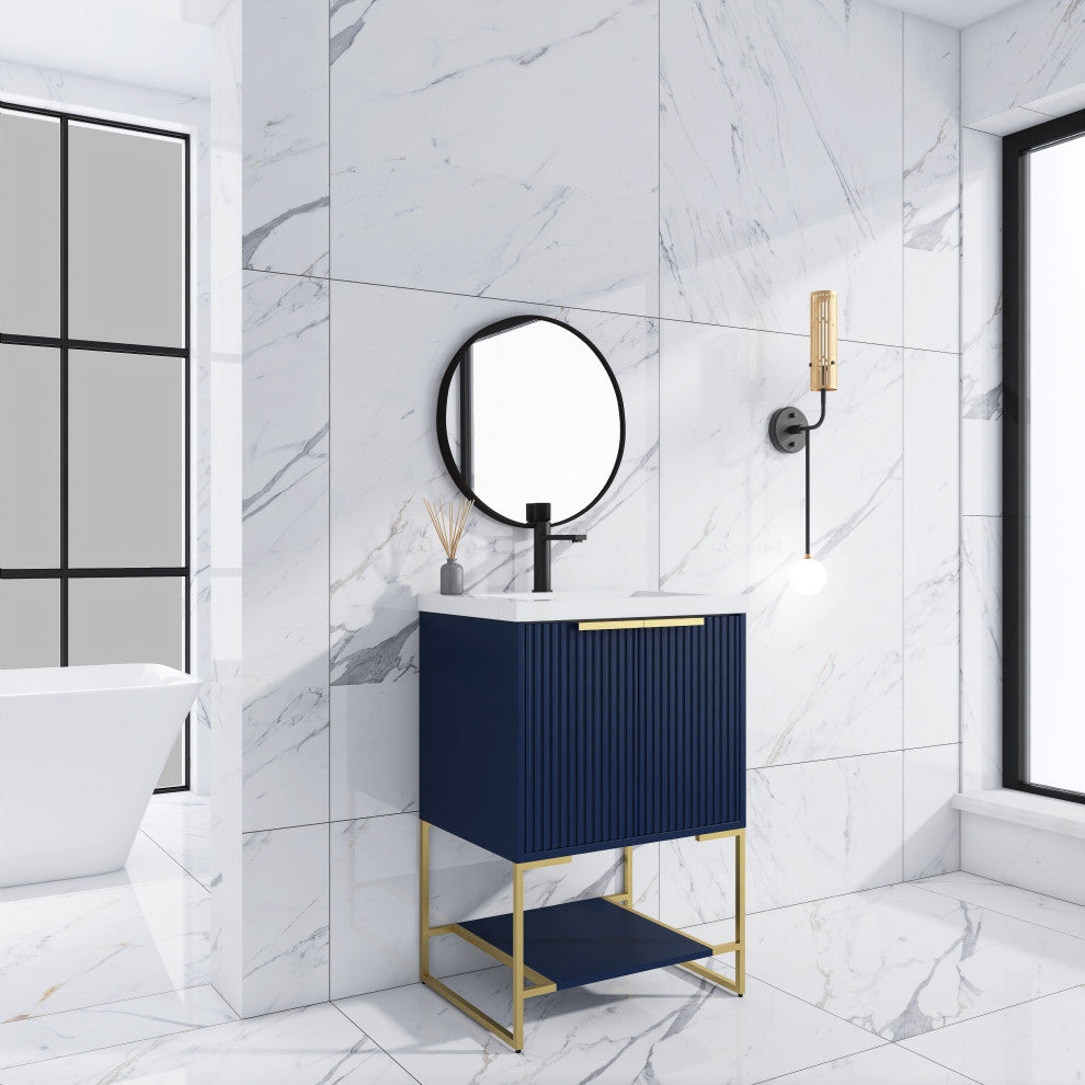 Plywood Freestanding Bathroom Vanity Set with White Ceramic Sink , Navy Blue, 24