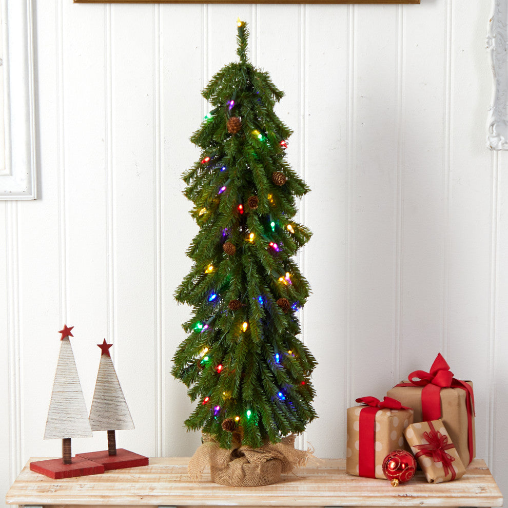 3' Faux Xmas Tree With Pinecones and 50 Multicolored Lights Set, a Burlap Base