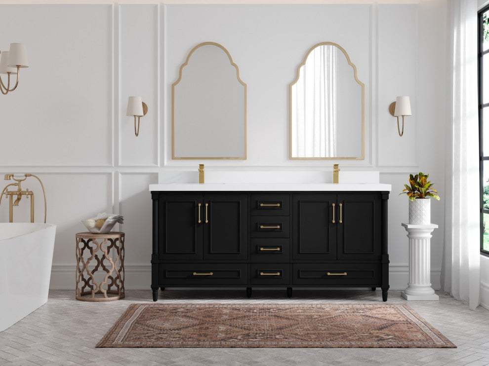 Aberdeen 72 Double Sink Bath Vanity in Black 2" White Quartz