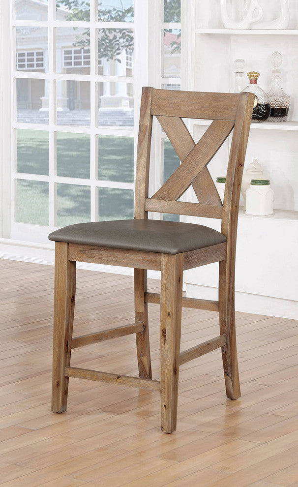 Wood Counter Height Chair With Leather Padded Seat, Pack of Two, Weathered Brown