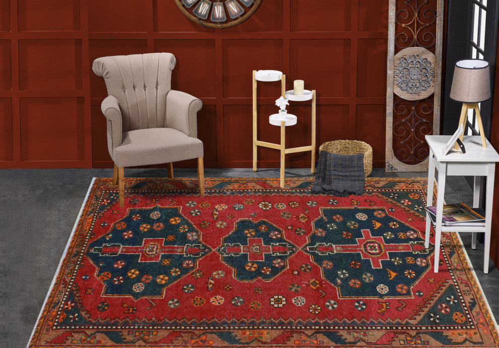 Fine Vintage Distressed Dagobert Red/Charcoal Rug, 4'0 x 6'8