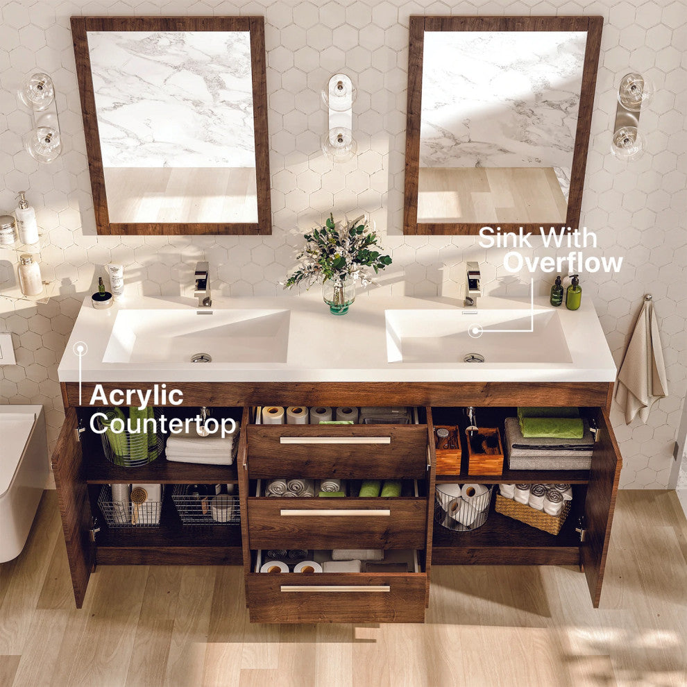Eviva Lugano 72" Rosewood Modern Double Sink Bathroom Vanity w