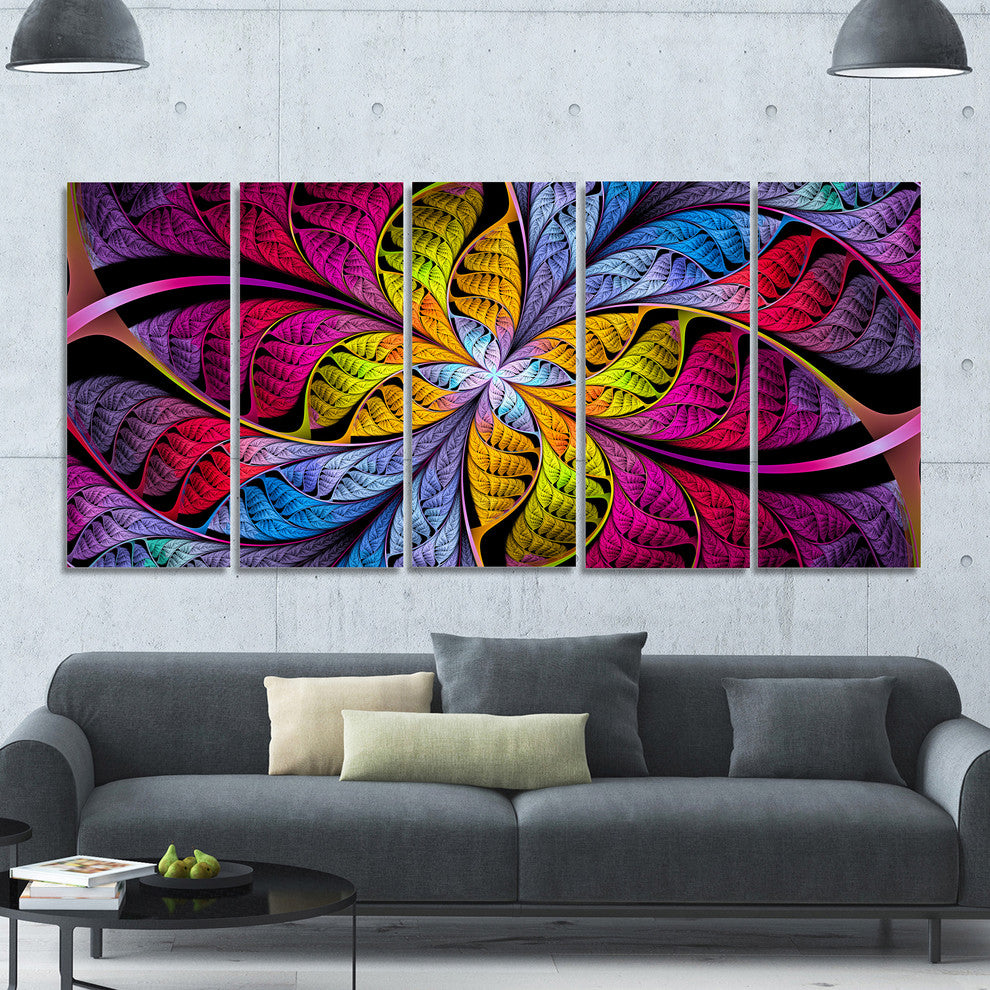 Pink Yellow Fractal Stained Glass, Abstract Canvas Art Print, 60"x28", 5 Panels
