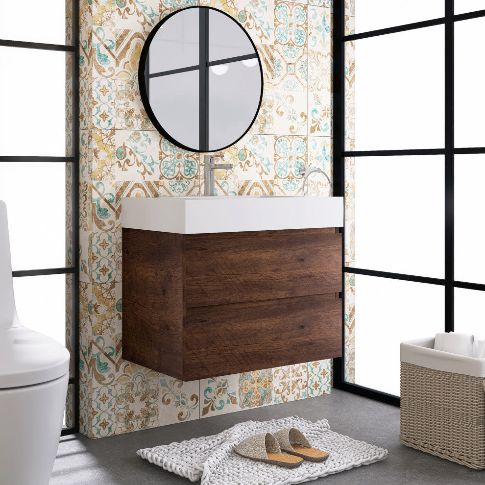 Wood Wall-Mounted Bathroom Vanity Set with Integrated Resin Sink, Walnut, 30"
