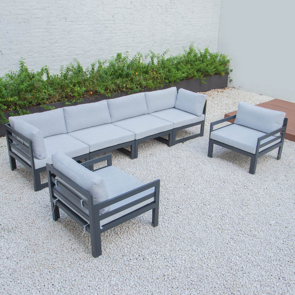 LeisureMod Chelsea 6-Piece Patio Armchair Sectional Black Aluminum, Light Gray