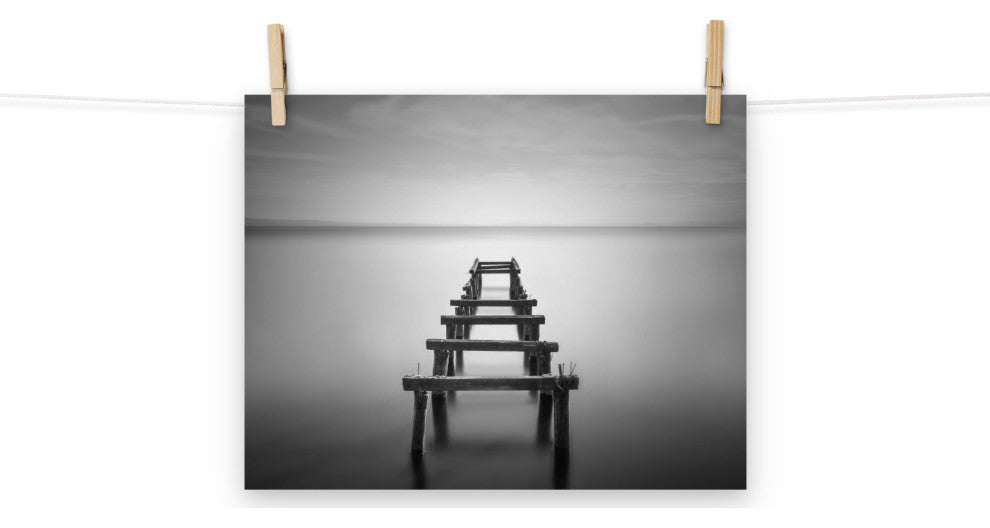 Soft Lake & Abandoned Pier Black & White Landscape Photo Loose Wall Art Print, 11" X 14"
