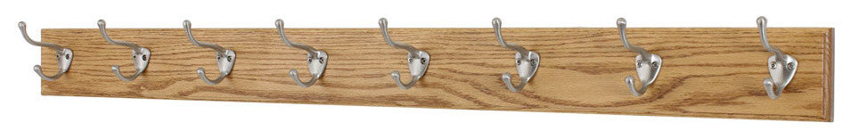 Solid Oak Wall Coat Rack, Nickel Hooks, Golden Oak, 41"x3.5", 8-Hooks