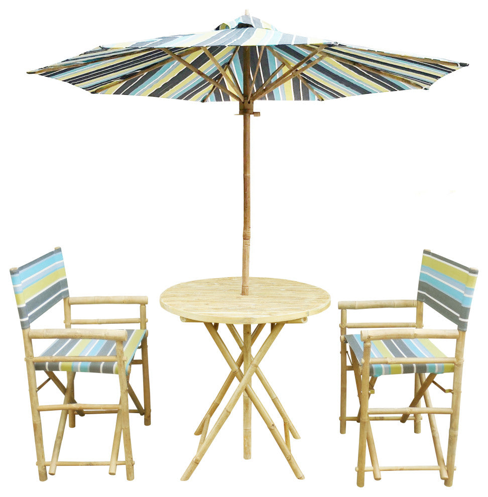 Bamboo Patio Set Of 2 Pottery Director Chairs And Round Table, Matching Umbrella, Green Stripe