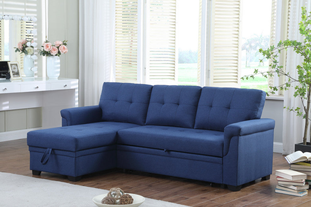 Lucca Linen Reversible Sleeper Sectional Sofa, Blue