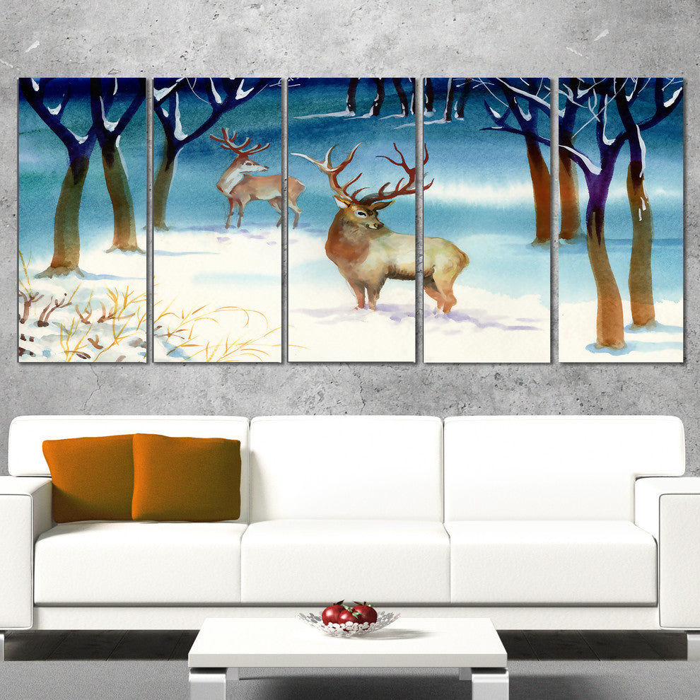 "Amazing Winter Forest With Deer" Landscape Wall Art, 5 Panels, 60"x28"