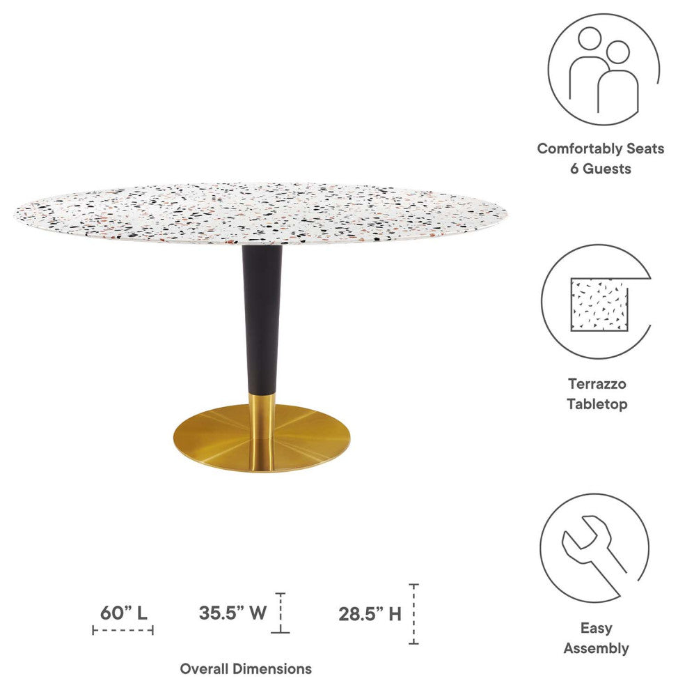 60" Dining Table, Oval, White Gold, Metal, Modern Cafe Bistro Hospitality