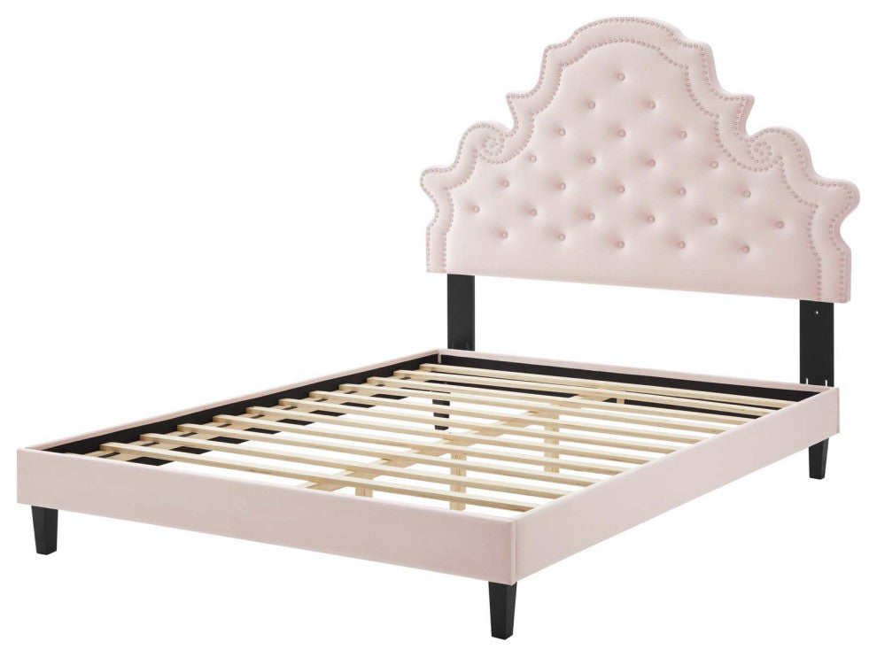 Tufted Platform Bed Frame, Twin Size, Velvet, Pink, Modern Contemporary, Bedroom