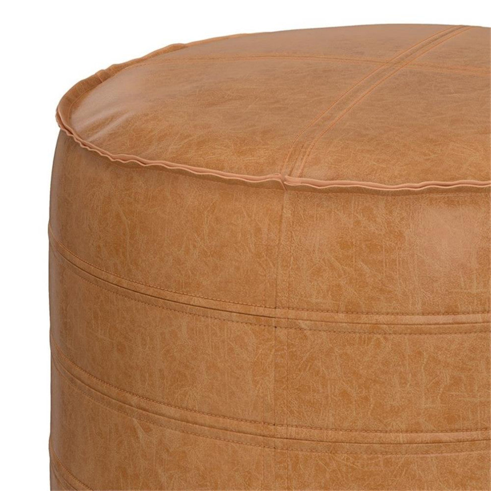 Brody Boho Round Pouf in Distressed Brown Faux Leather