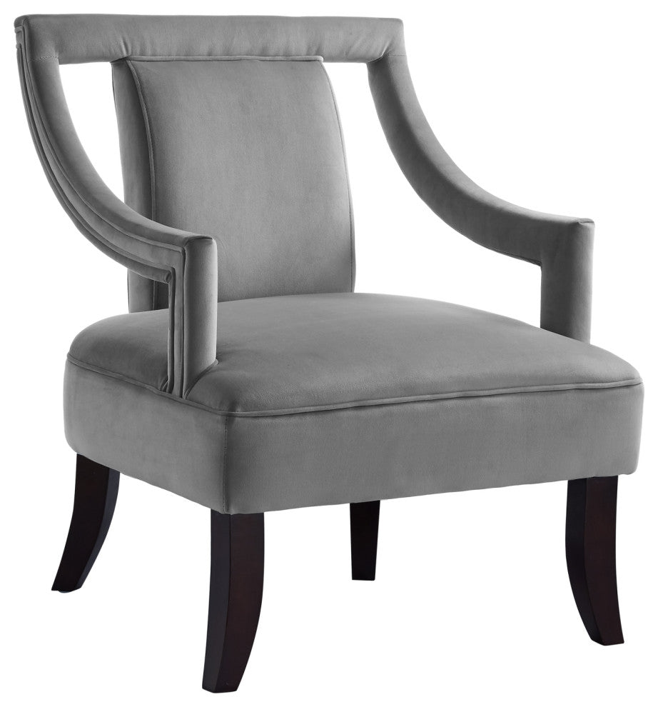 Avery Velvet Swoop Arm Square Back Open Sides Accent Chair, Gray