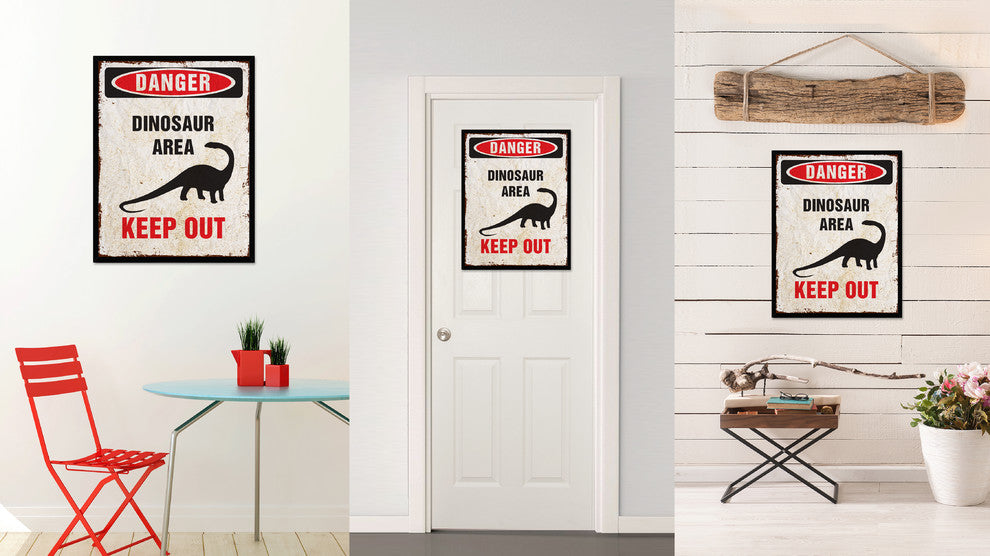 Danger Dinosaur Area Danger Sign, Canvas, Picture Frame, 13"X17"