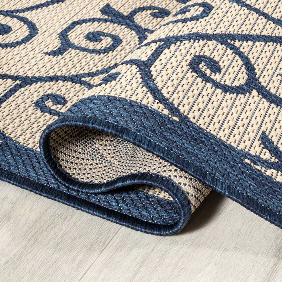 Madrid Vintage Filigree Textured Weave Indoor/Outdoor, Navy/Beige, 5' Square