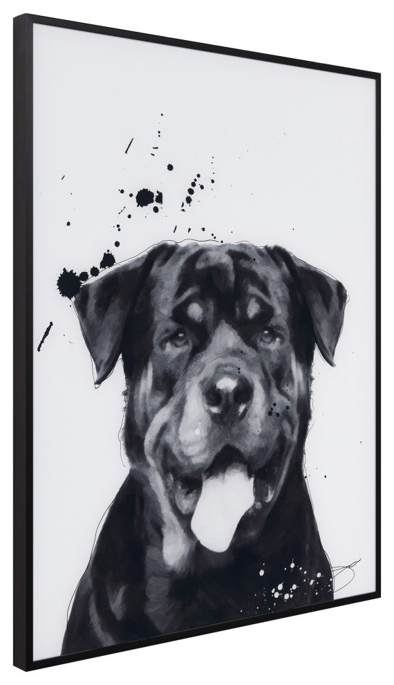 "Rottweiler" Black and White Pet Art on Printed Glass with Anodized Frame