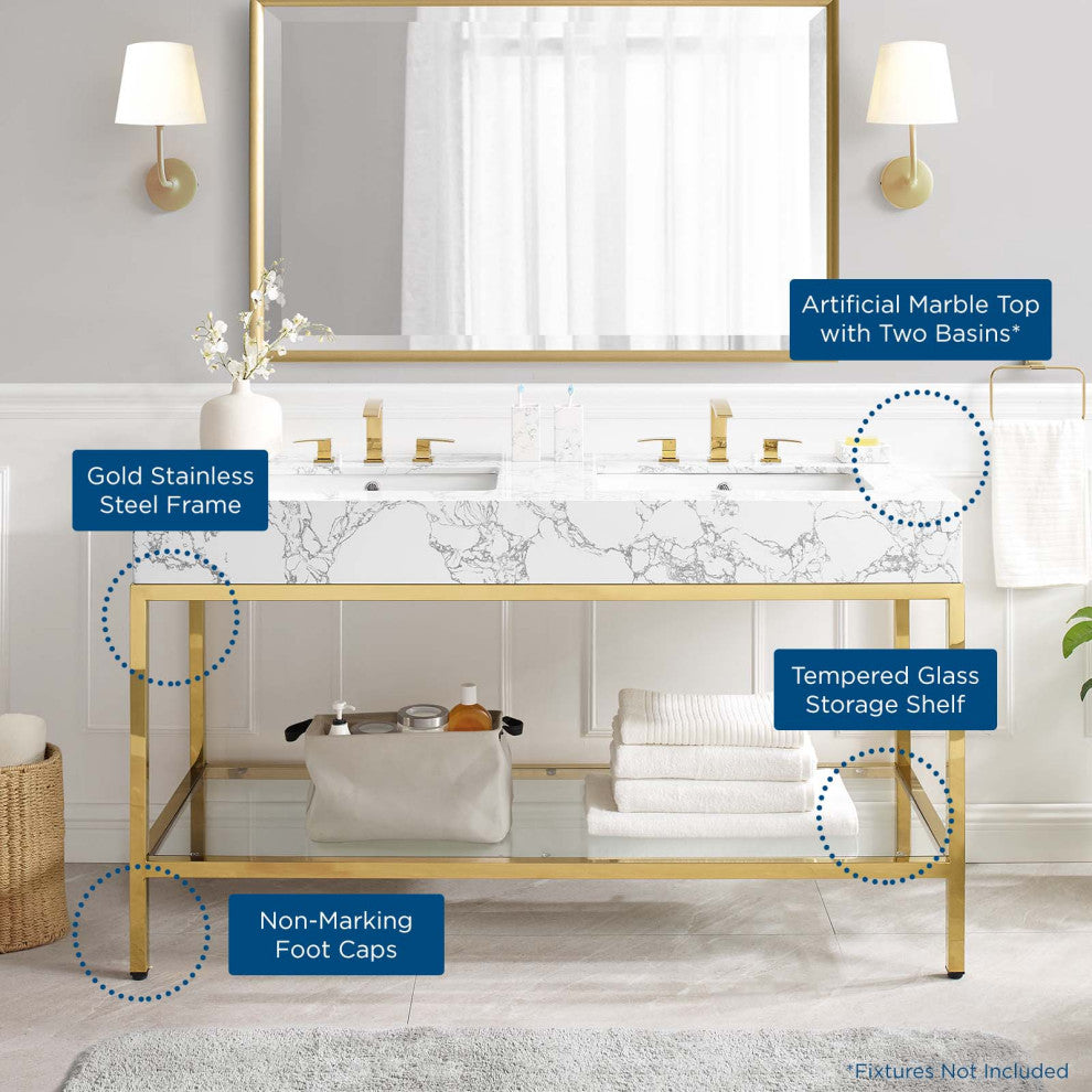 Sink Vanity Cabinet, Artificial Marble, Metal, Gold White, Modern, Bathroom