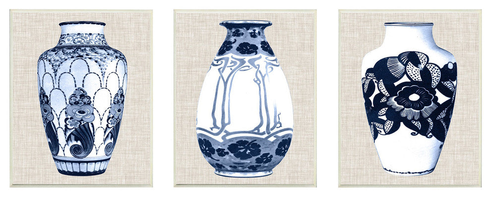 Blue & White Vase Series on Linen 3-Piece Wall Plaque Art Set, 10"x15"