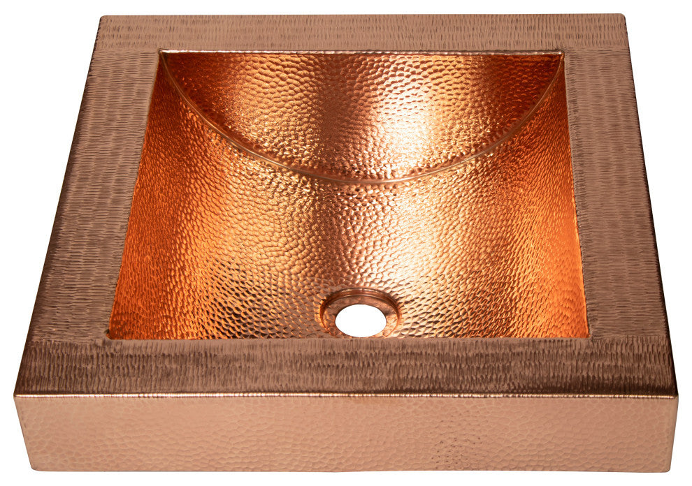 17" Square Apron Curved Bottom Hammered Copper Bathroom Sink, 17 Gauge