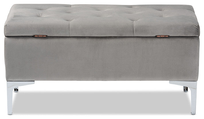 Mabel Transitional Gray Velvet Upholstered Silver Finished Storage Ottoman