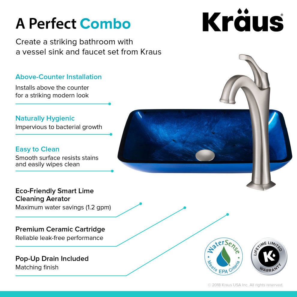 Glass Vessel Sink, Bathroom Arlo Faucet, PU Drain, Mounting Ring, Spot Free Stainless Steel