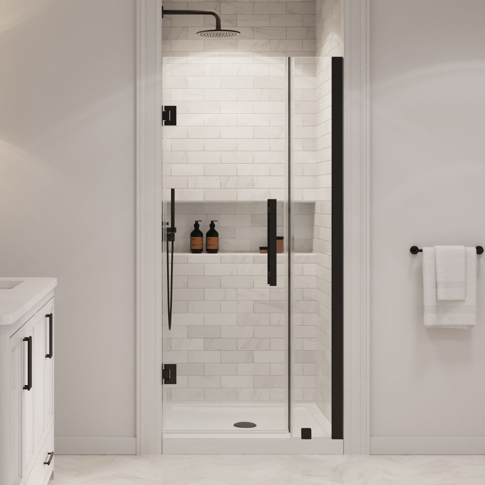 Panama Alcove Frameless Pivot Hinge Shower Door Kit With Base Pan, 2025, Black, 36x36"