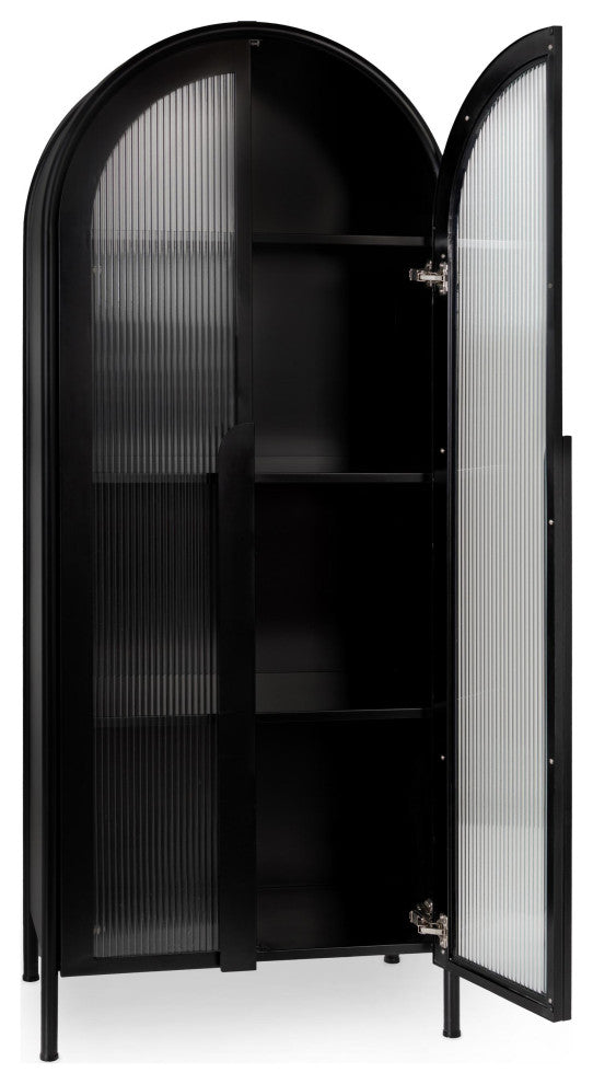 Front view with doors open showing interior shelves on white background