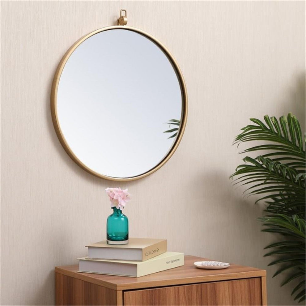Elegant Decor Eternity 18" Round Mid Century Metal Frame Hooked Mirror in Brass