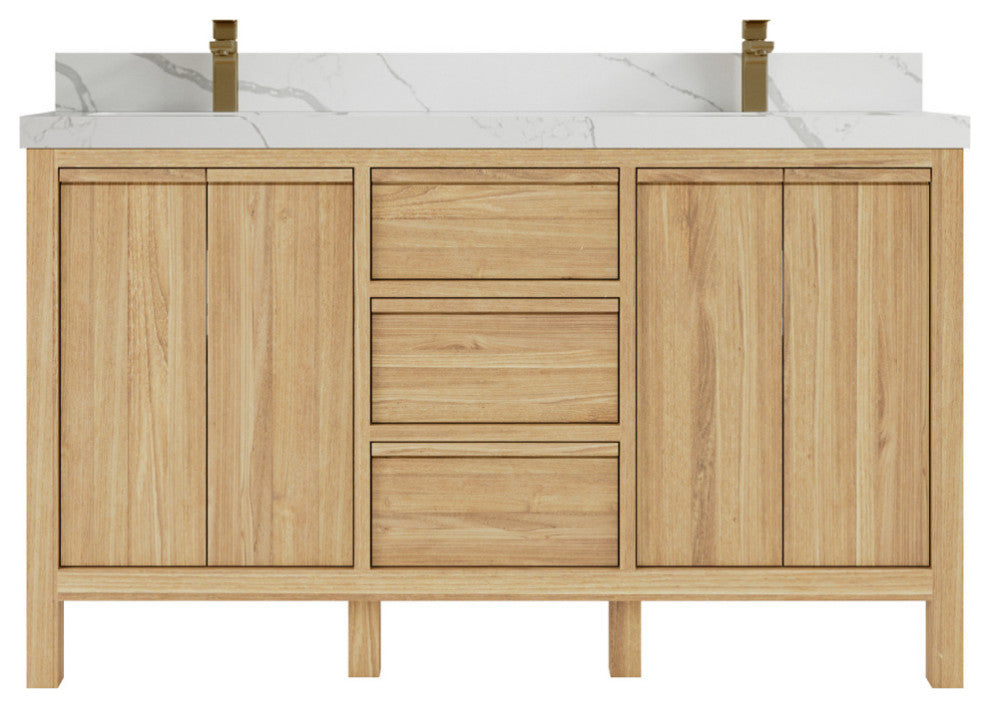 Elizabeth 60 Double Bathroom Vanity in Light Natural Teak 2" Calacatta Laza