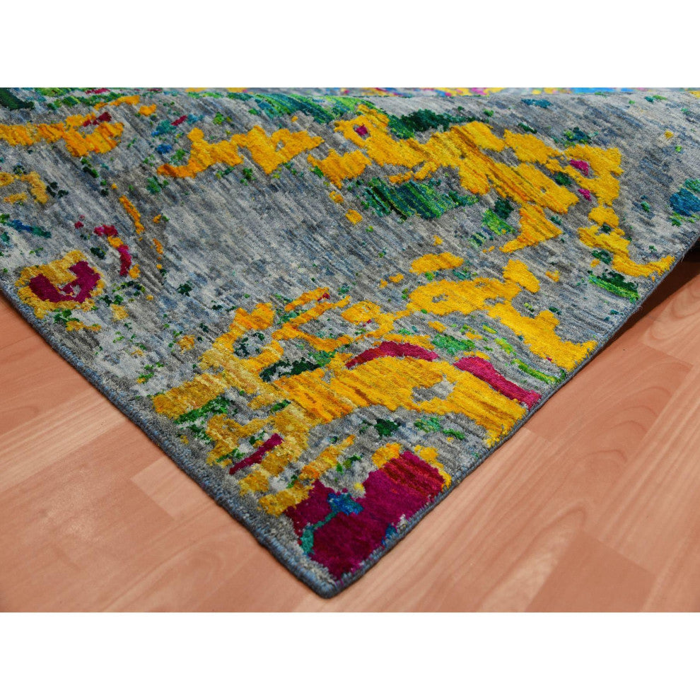 Gray Lava Design, Sari Silk With Wool Hand Knotted, Oriental Rug, 9'0"x11'9"