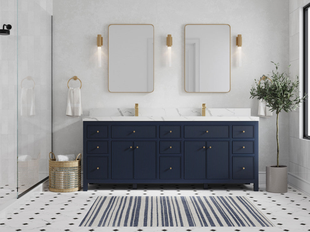 Sonoma 84 Double Sink Reeded Bath Vanity in Hale Navy Blue 2" Calacatta Laza